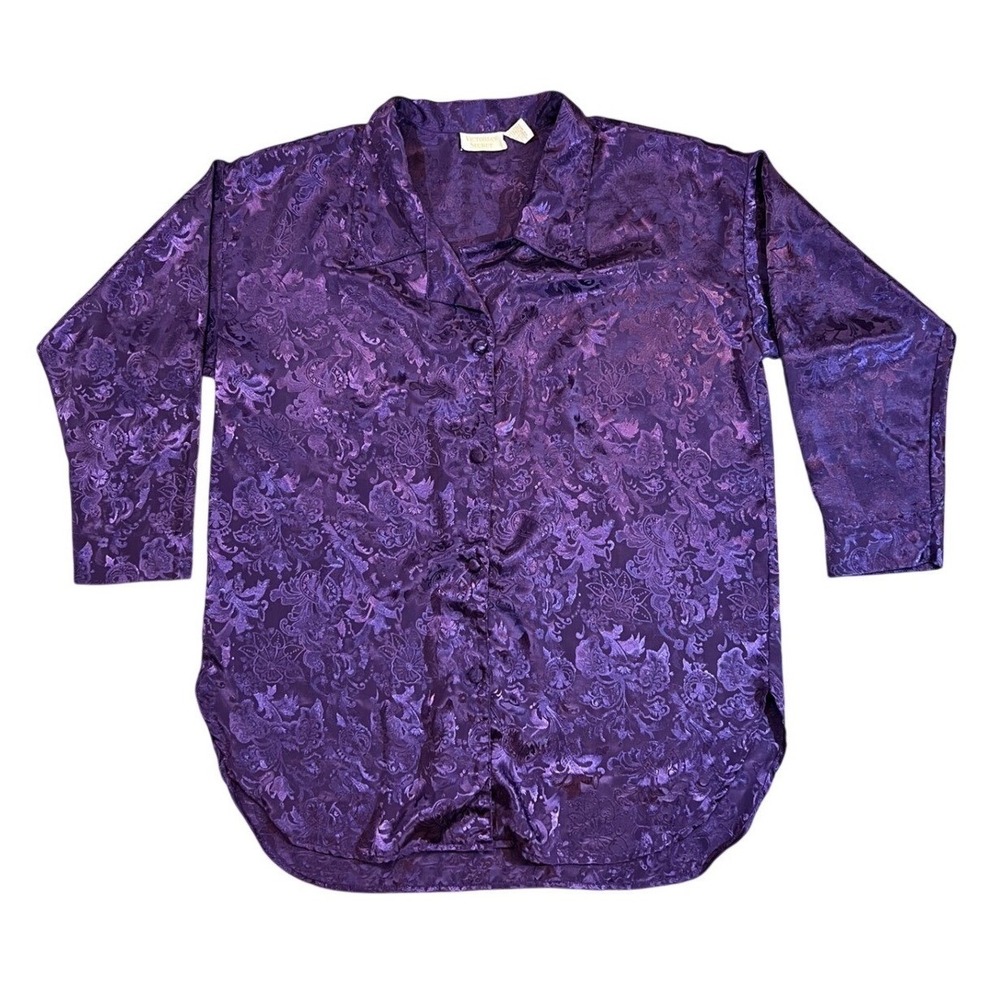 Victoria's Secret Gold Label Purple Satin Jacquard Pajama Shirt Floral Vintage‎